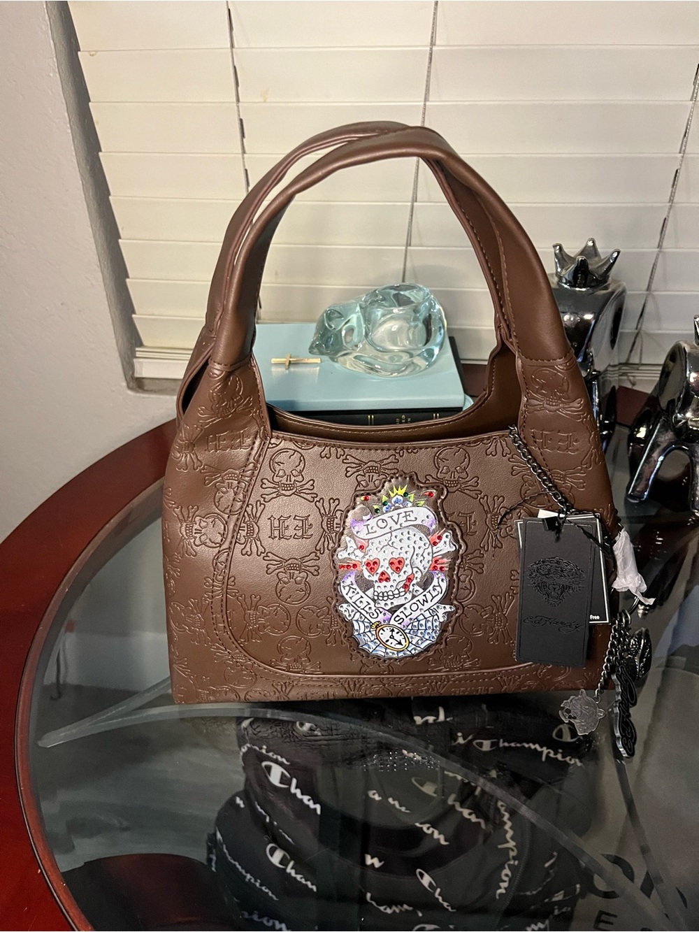 Ed Hardy Brown Embossed Shoulder Bag with Colorful Skull Patch